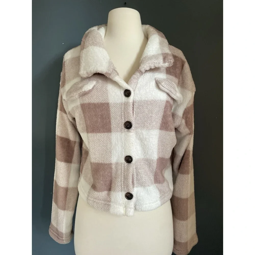 SHEIN Plaid Fuzzy Cropped Jacket Shirt Womens XS Brown White Button Up